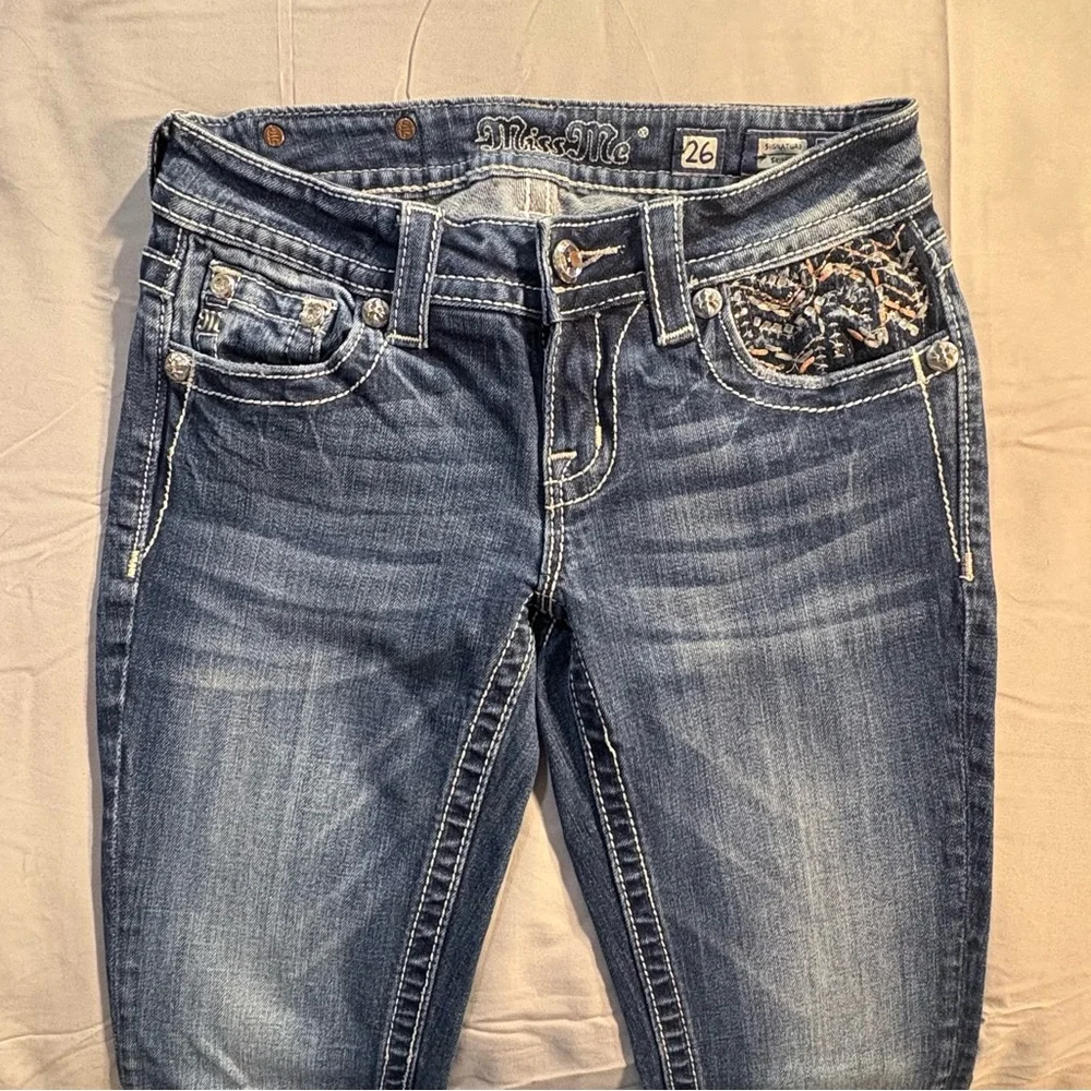 Miss Me Signature Skinny Jeans Embellished Pocket Mid Rise Stretch Sz 26💛